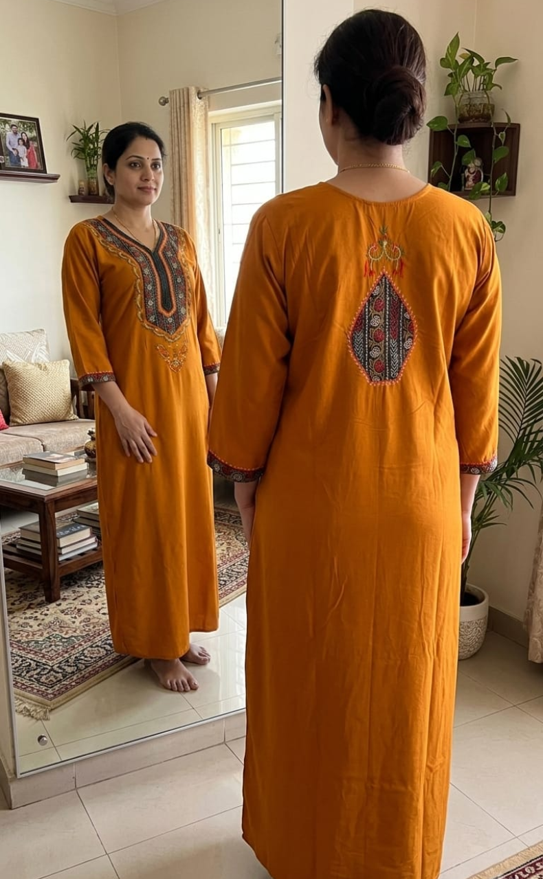 Yellow Bhopali Embroidery Soft Cotton Long Sleeves Nighty. Soft Breathable Fabric | Laces and Frills