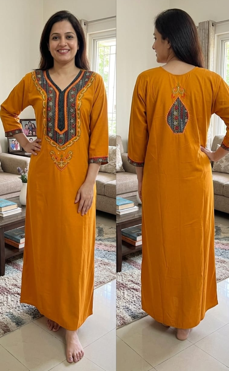 Yellow Bhopali Embroidery Soft Cotton Long Sleeves Nighty. Soft Breathable Fabric | Laces and Frills