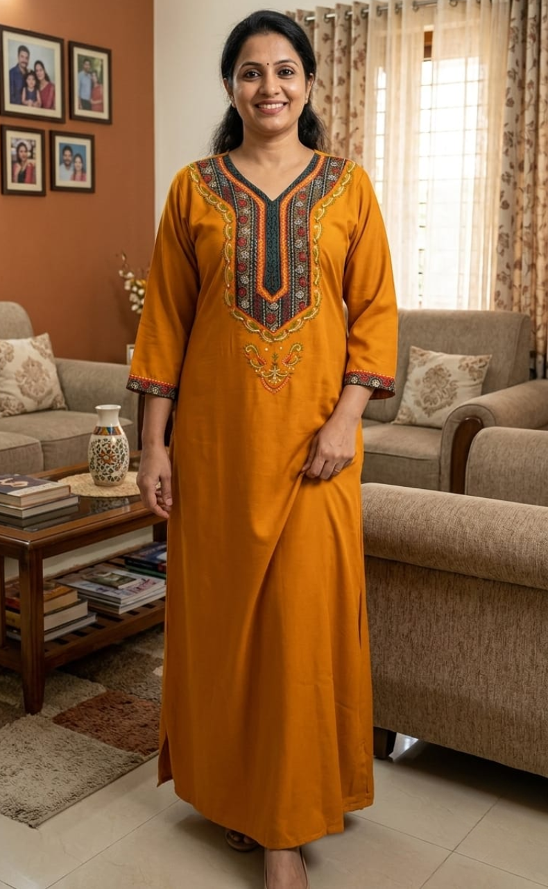 Yellow Bhopali Embroidery Soft Cotton Long Sleeves Nighty. Soft Breathable Fabric | Laces and Frills