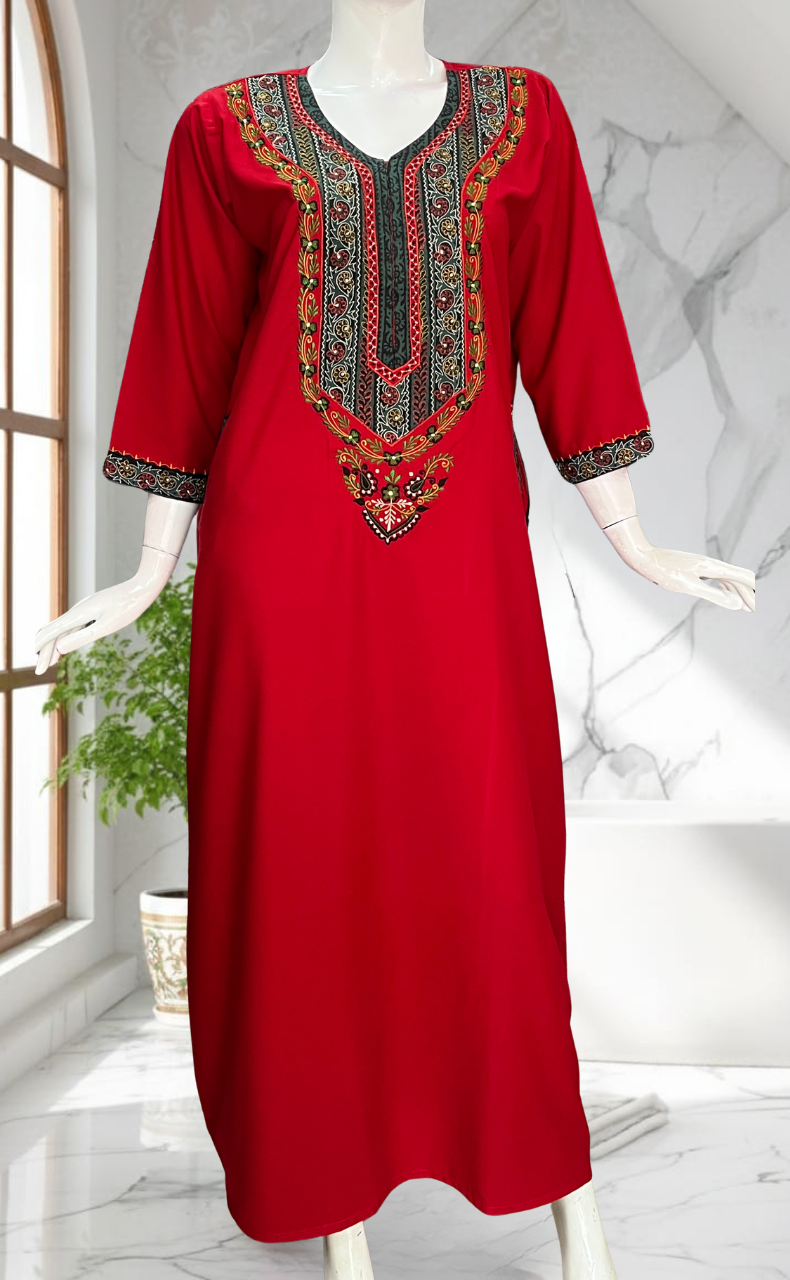 Red Bhopali Embroidery Soft Cotton Long Sleeves Nighty. Soft Breathable Fabric | Laces and Frills