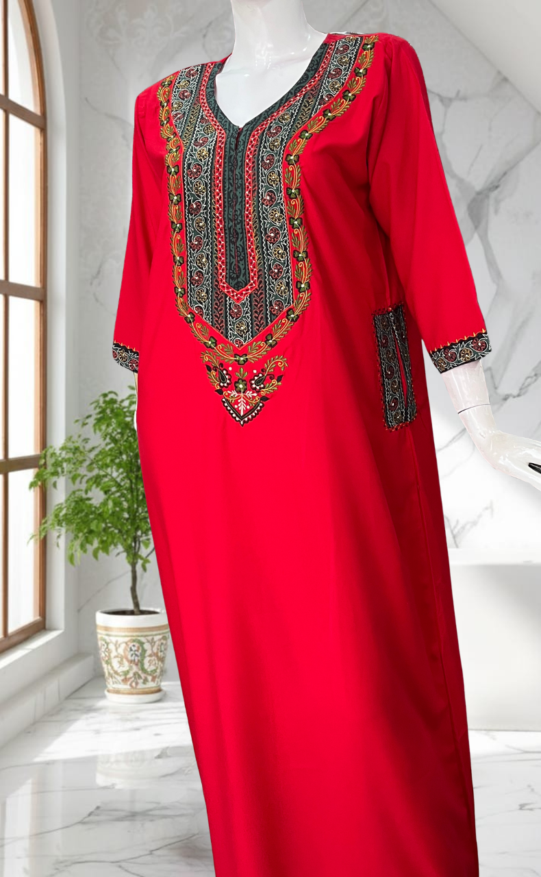 Red Bhopali Embroidery Soft Cotton Long Sleeves Nighty. Soft Breathable Fabric | Laces and Frills
