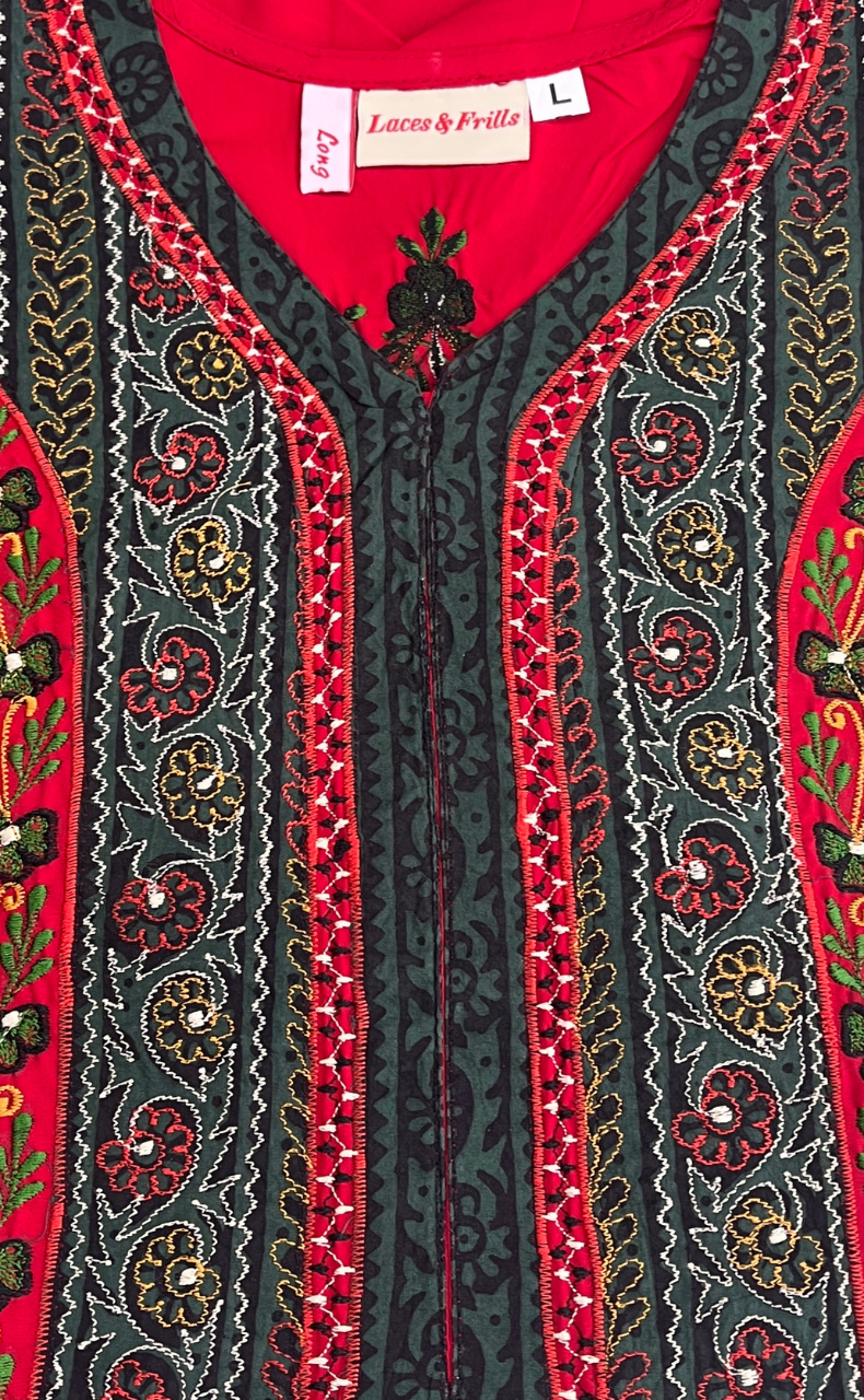 Red Bhopali Embroidery Soft Cotton Long Sleeves Nighty. Soft Breathable Fabric | Laces and Frills