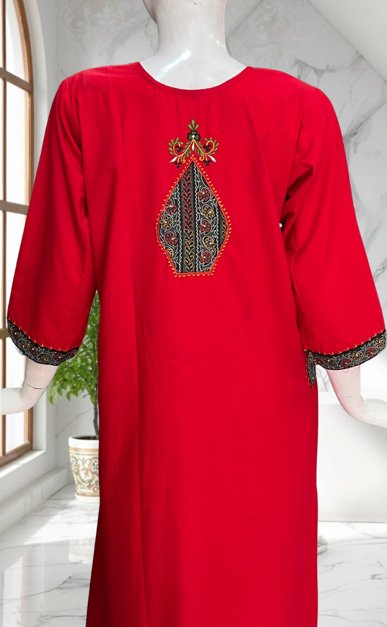 Red Bhopali Embroidery Soft Cotton Long Sleeves Nighty. Soft Breathable Fabric | Laces and Frills