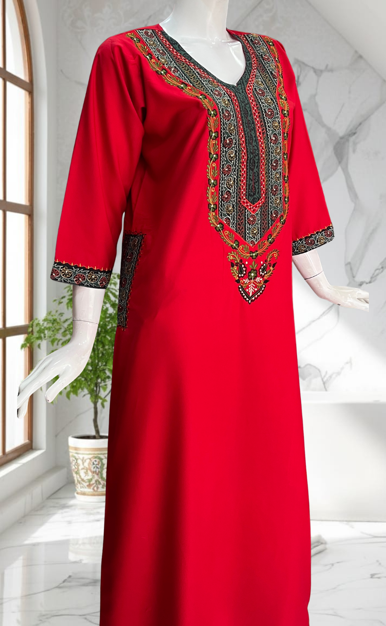 Red Bhopali Embroidery Soft Cotton Long Sleeves Nighty. Soft Breathable Fabric | Laces and Frills
