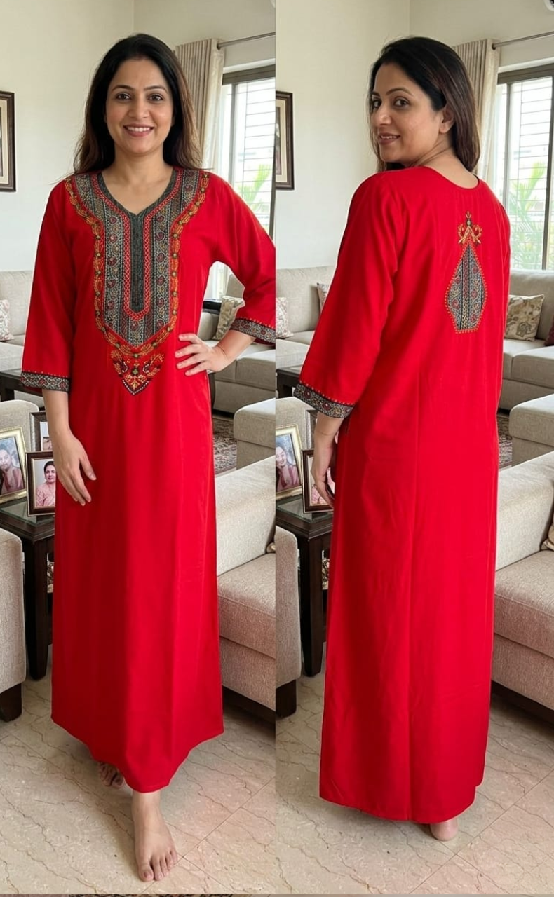 Red Bhopali Embroidery Soft Cotton Long Sleeves Nighty. Soft Breathable Fabric | Laces and Frills