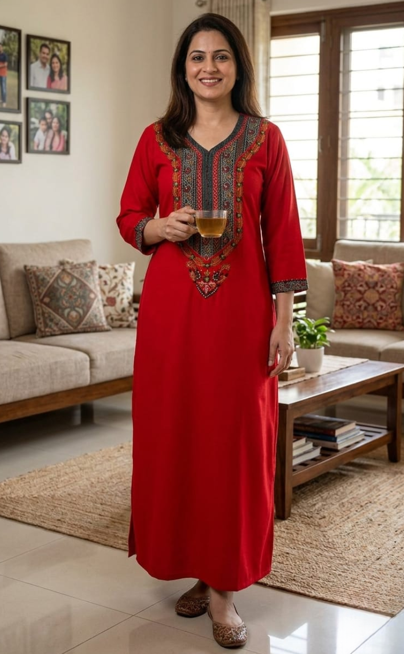 Red Bhopali Embroidery Soft Cotton Long Sleeves Nighty. Soft Breathable Fabric | Laces and Frills