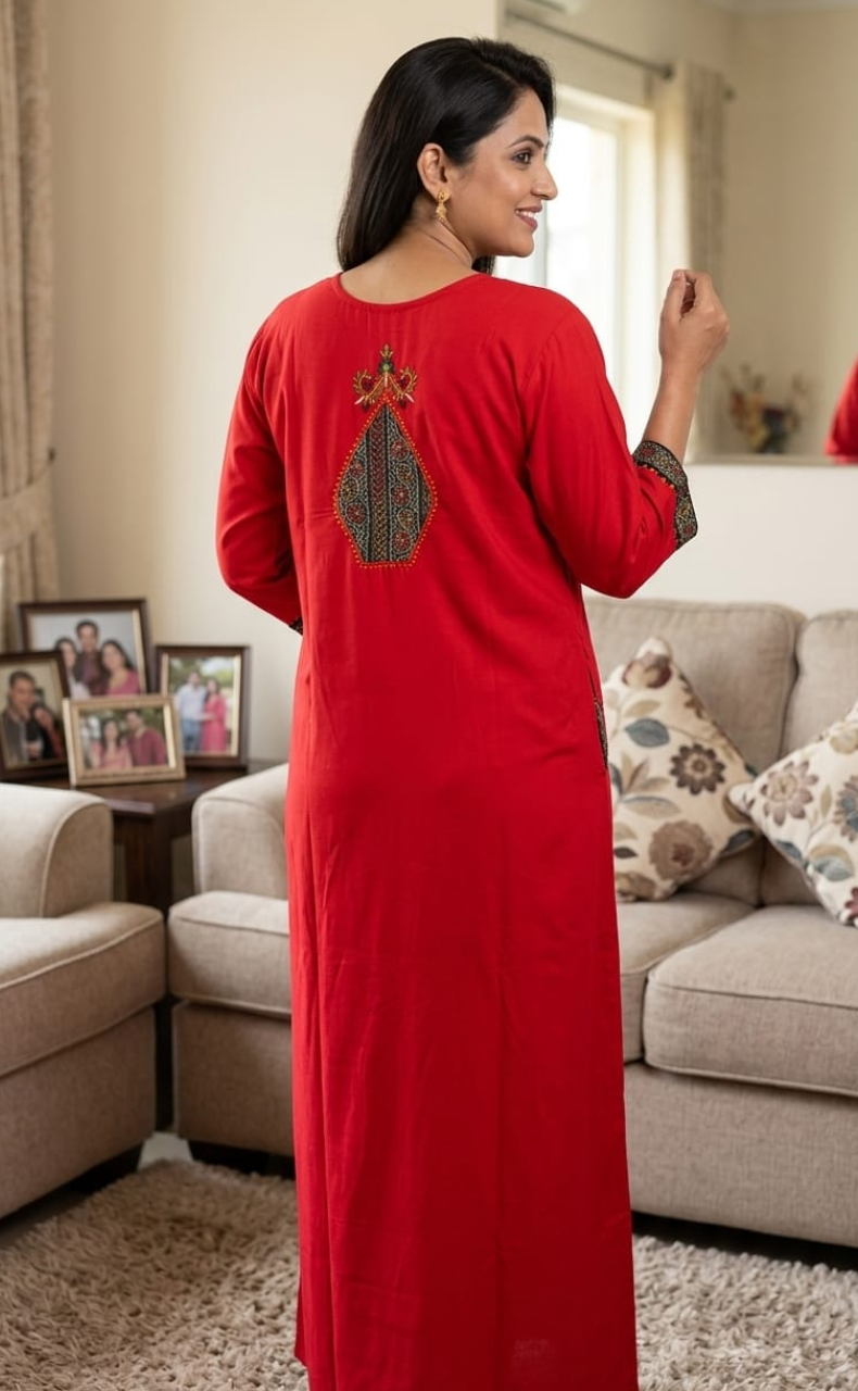 Red Bhopali Embroidery Soft Cotton Long Sleeves Nighty. Soft Breathable Fabric | Laces and Frills
