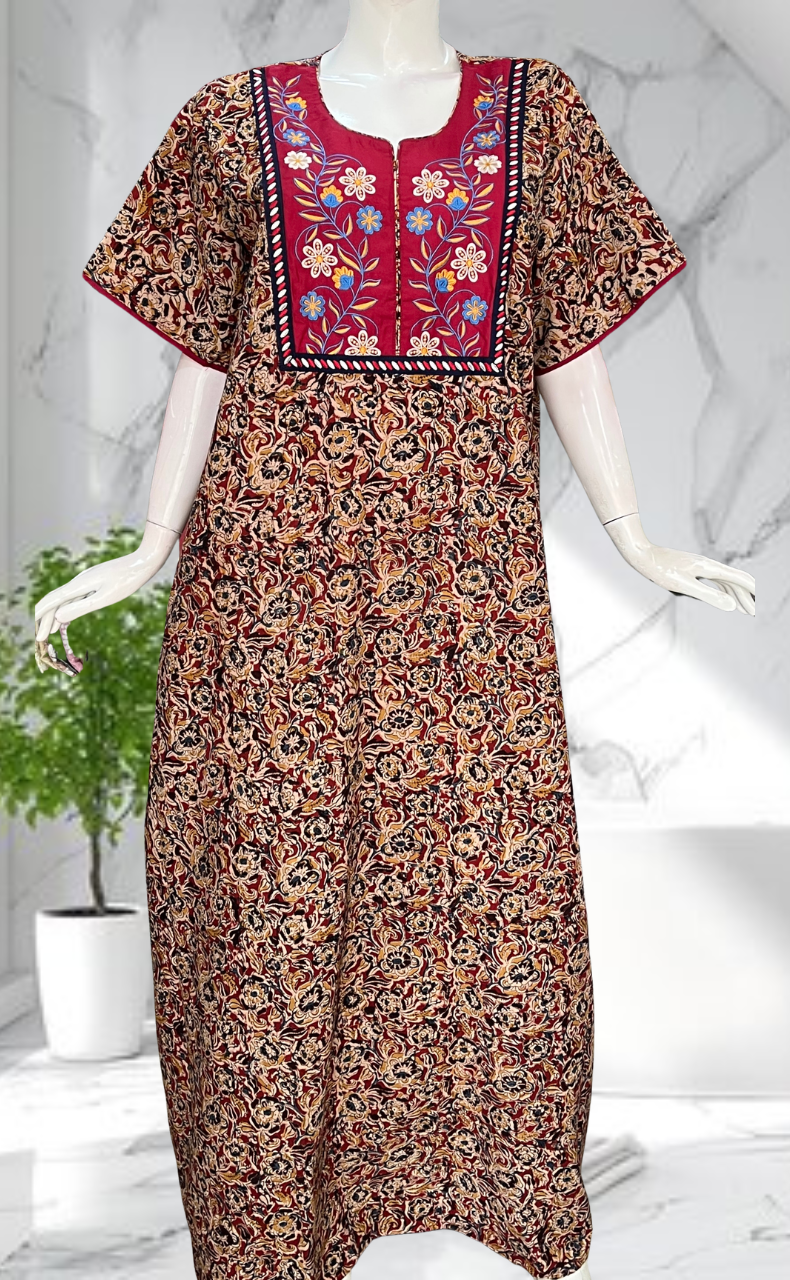 Maroon Kalamkari Pure Cotton Nighty. Pure Durable Cotton | Laces and Frills