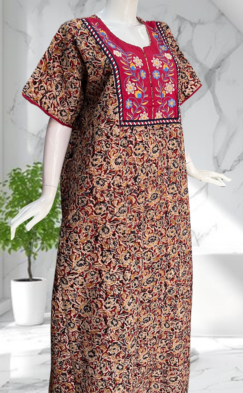 Maroon Kalamkari Pure Cotton Nighty. Pure Durable Cotton | Laces and Frills