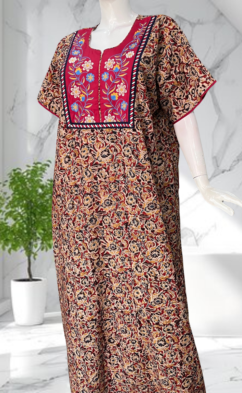 Maroon Kalamkari Pure Cotton Nighty. Pure Durable Cotton | Laces and Frills