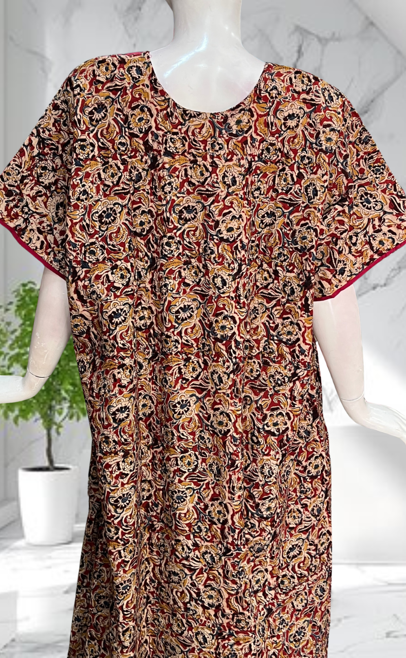 Maroon Kalamkari Pure Cotton Nighty. Pure Durable Cotton | Laces and Frills