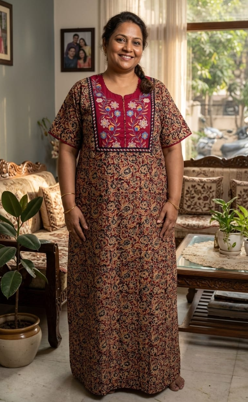 Maroon Kalamkari Pure Cotton Nighty. Pure Durable Cotton | Laces and Frills