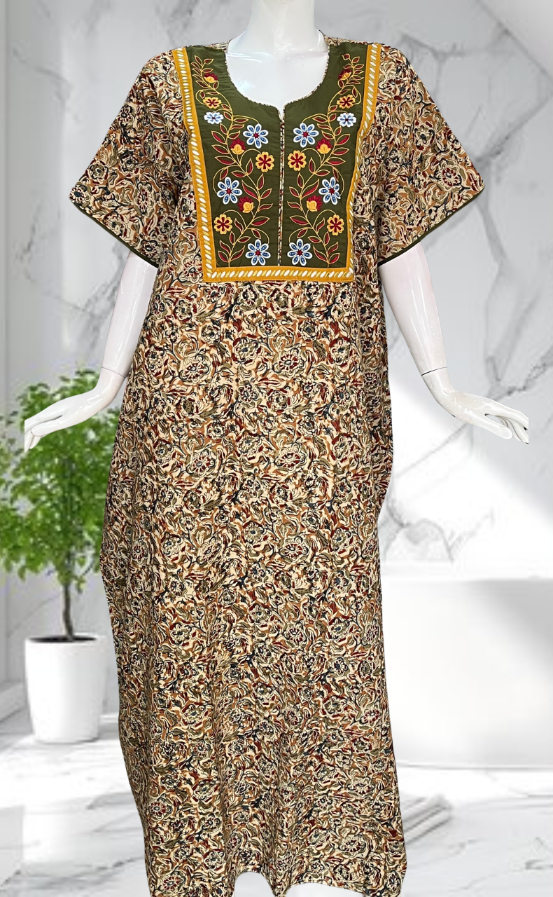 Mehndi Green Kalamkari Pure Cotton Nighty. Pure Durable Cotton | Laces and Frills