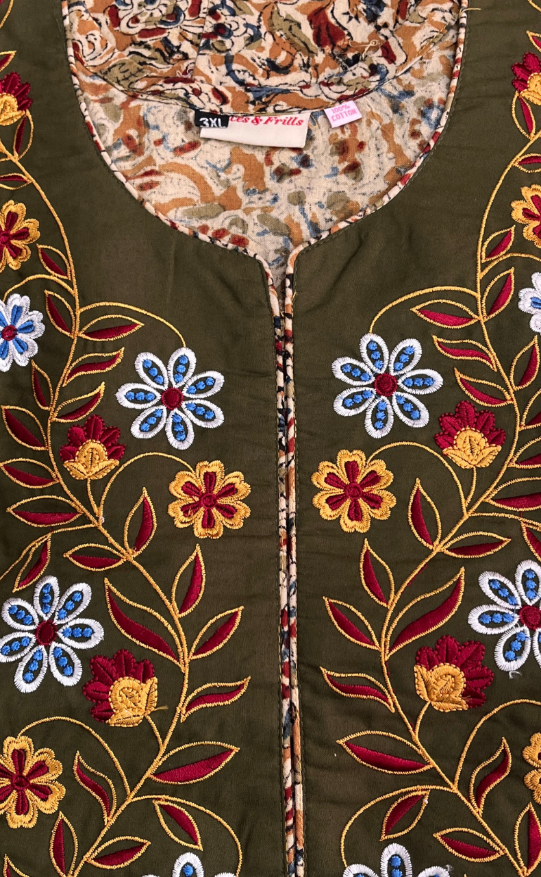 Mehndi Green Kalamkari Pure Cotton Nighty. Pure Durable Cotton | Laces and Frills