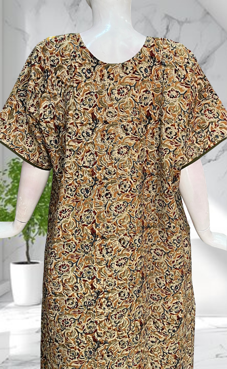 Mehndi Green Kalamkari Pure Cotton Nighty. Pure Durable Cotton | Laces and Frills