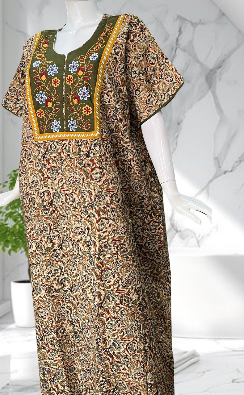 Mehndi Green Kalamkari Pure Cotton Nighty. Pure Durable Cotton | Laces and Frills
