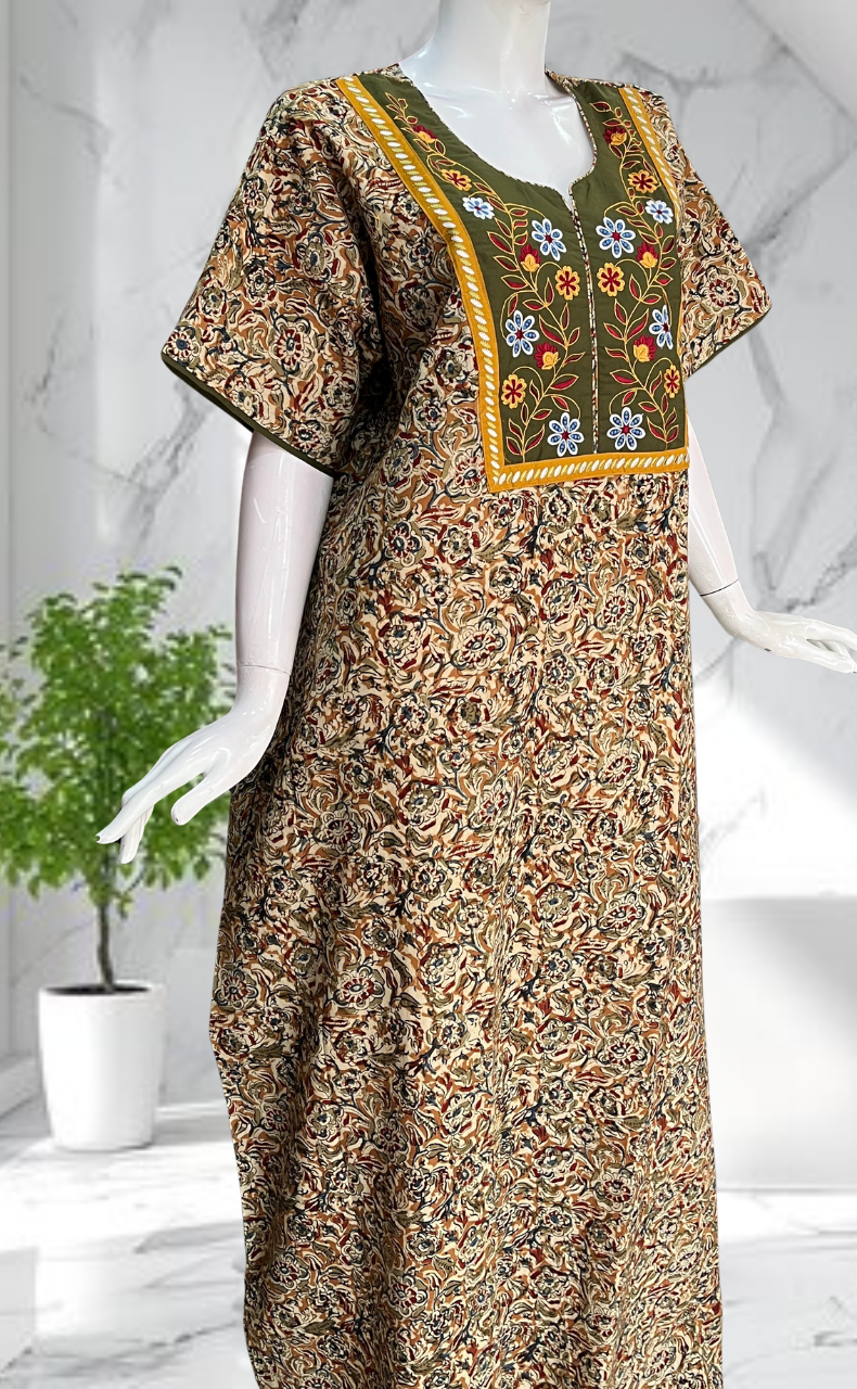 Mehndi Green Kalamkari Pure Cotton Nighty. Pure Durable Cotton | Laces and Frills