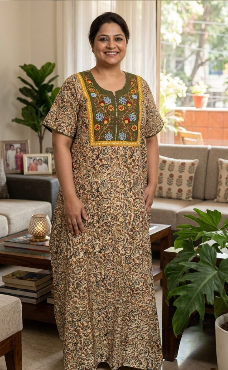 Mehndi Green Kalamkari Pure Cotton Nighty. Pure Durable Cotton | Laces and Frills