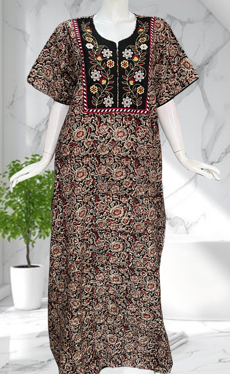 Black Kalamkari Pure Cotton Nighty. Pure Durable Cotton | Laces and Frills