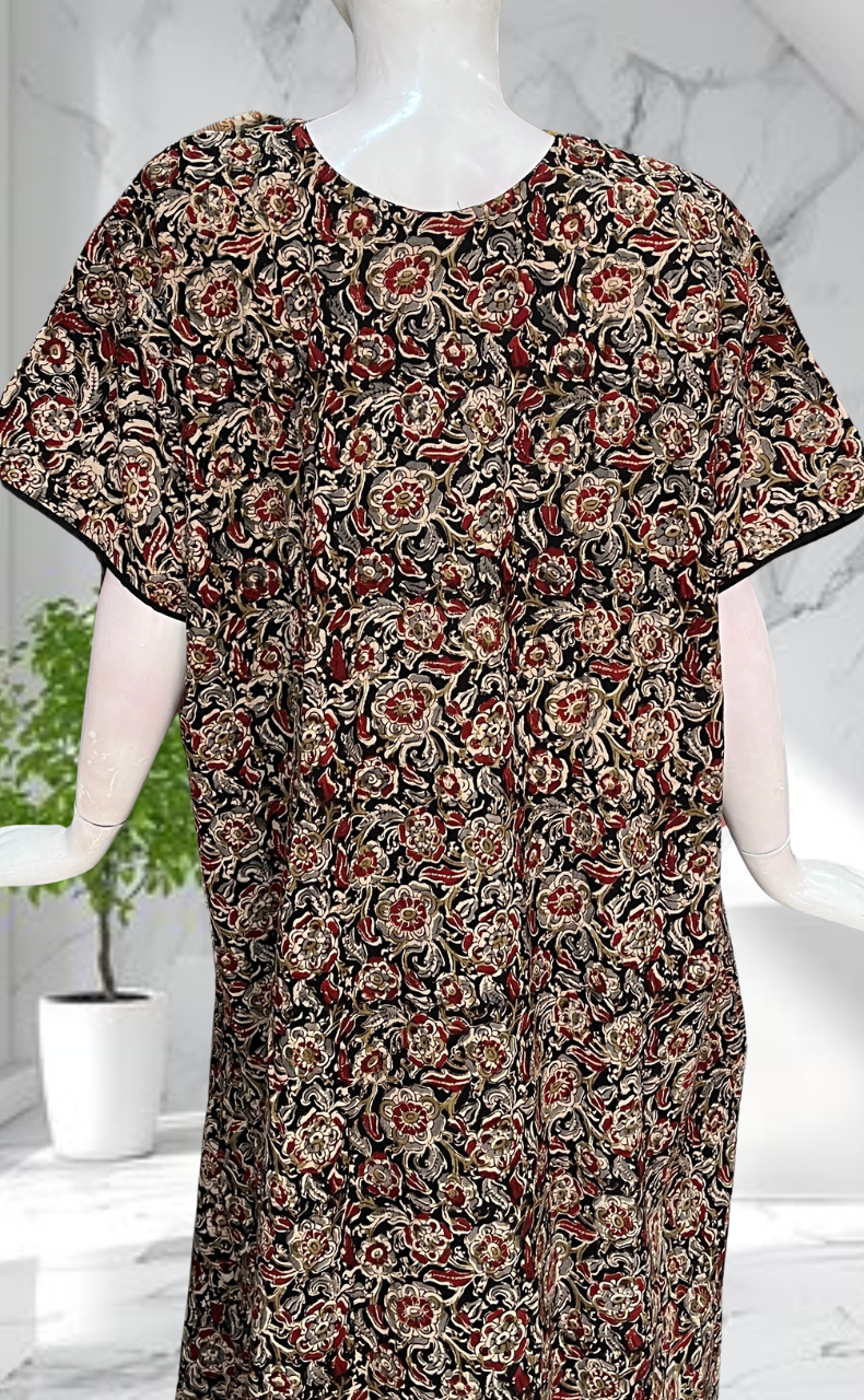 Black Kalamkari Pure Cotton Nighty. Pure Durable Cotton | Laces and Frills