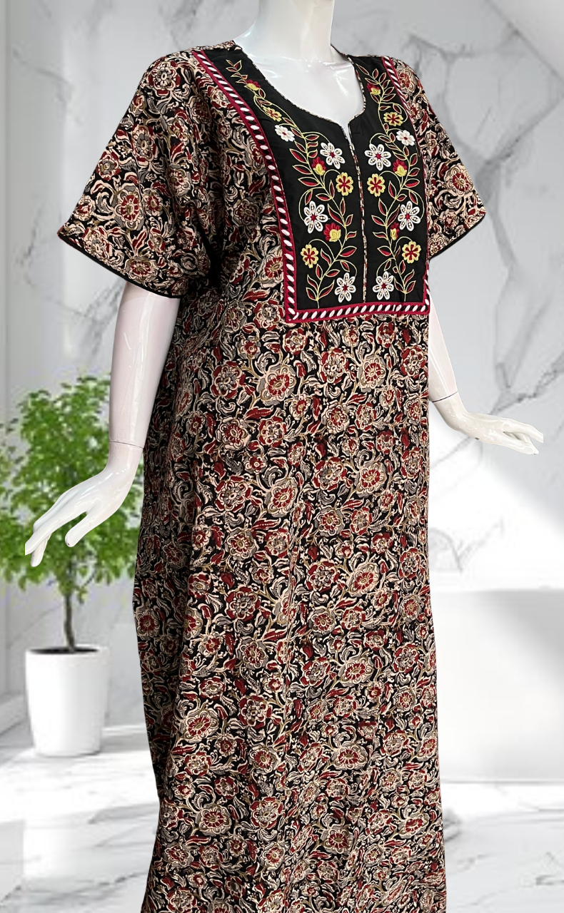 Black Kalamkari Pure Cotton Nighty. Pure Durable Cotton | Laces and Frills