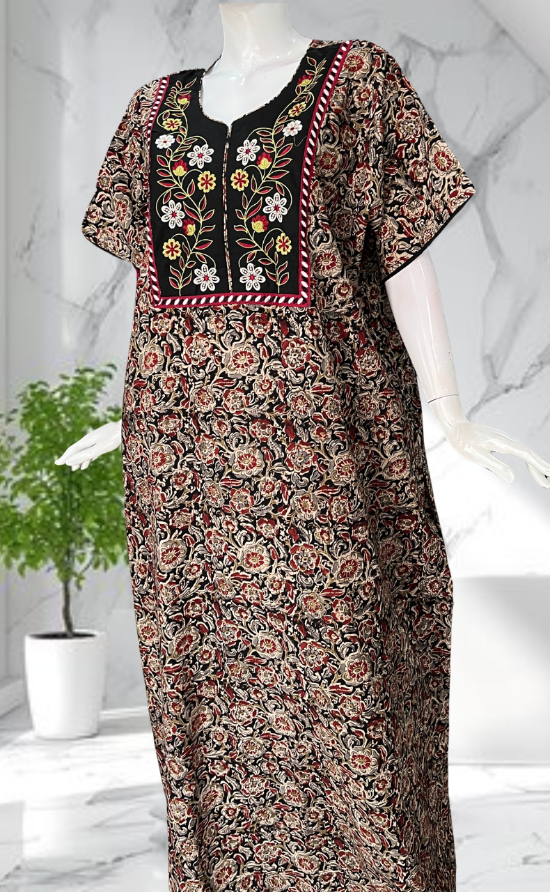 Black Kalamkari Pure Cotton Nighty. Pure Durable Cotton | Laces and Frills