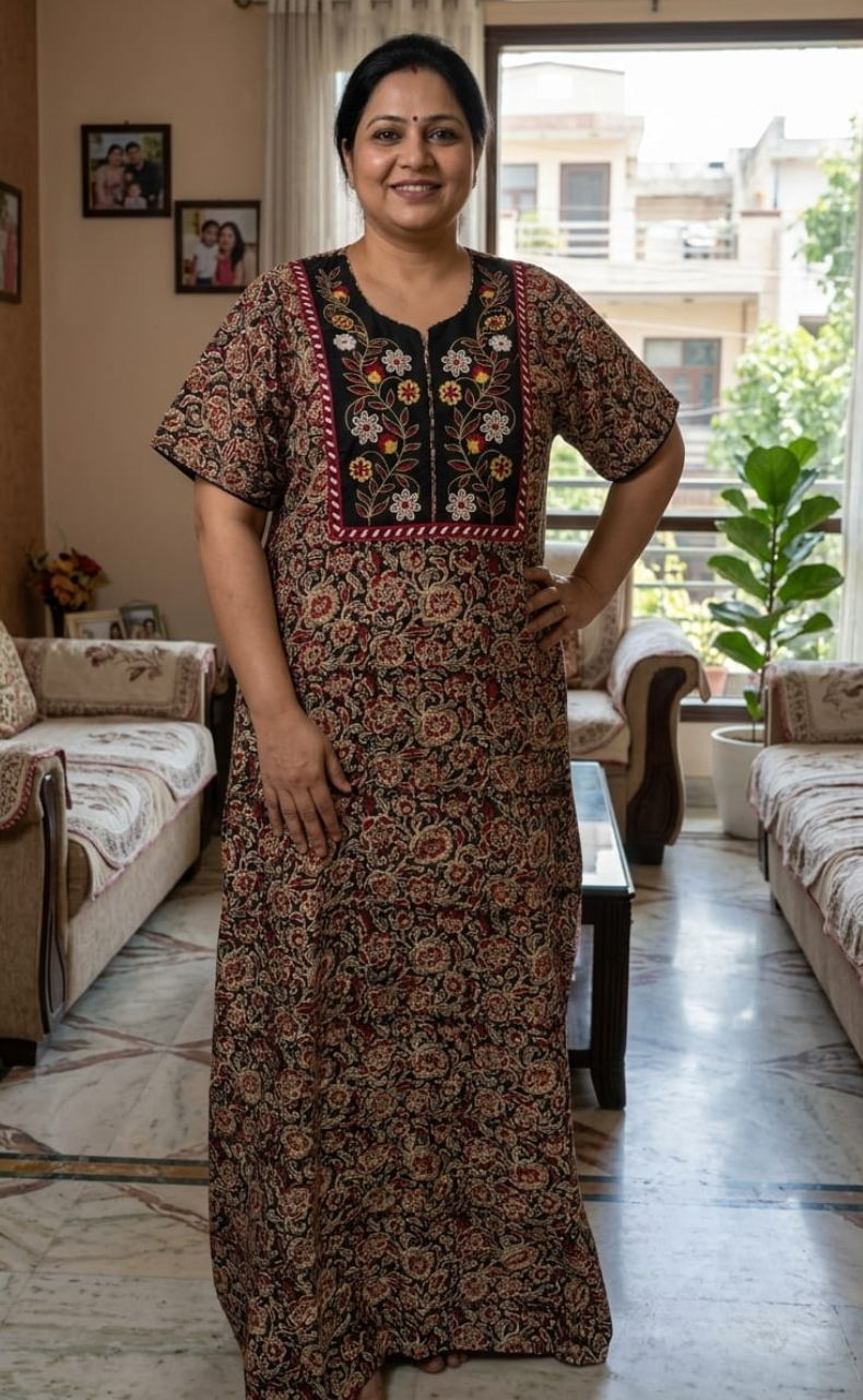 Black Kalamkari Pure Cotton Nighty. Pure Durable Cotton | Laces and Frills