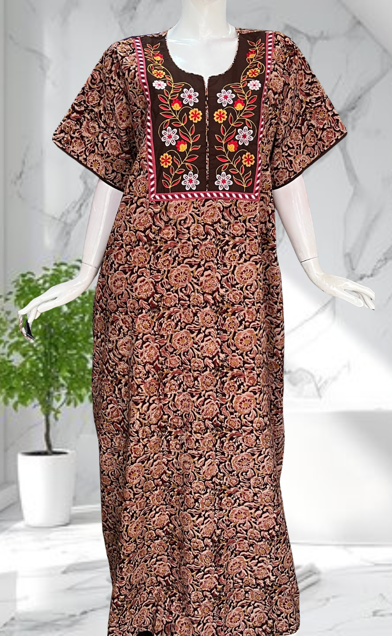 Brown Kalamkari Pure Cotton Nighty. Pure Durable Cotton | Laces and Frills