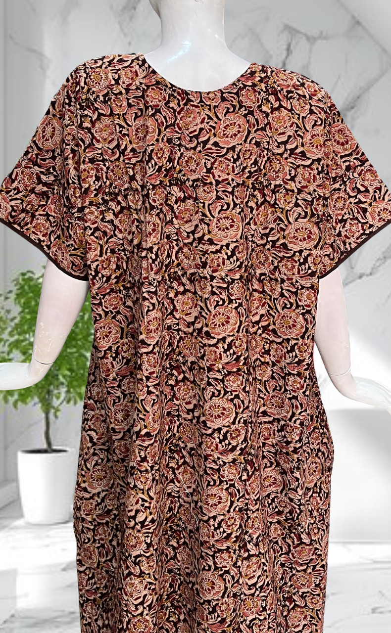 Brown Kalamkari Pure Cotton Nighty. Pure Durable Cotton | Laces and Frills