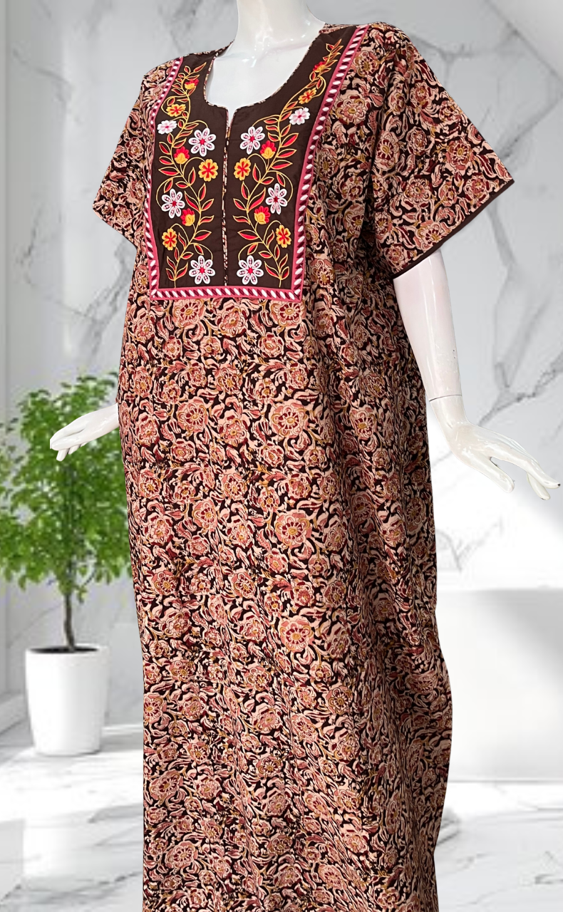Brown Kalamkari Pure Cotton Nighty. Pure Durable Cotton | Laces and Frills