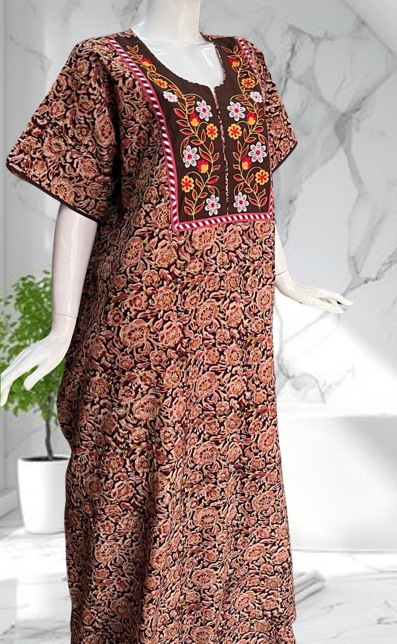 Brown Kalamkari Pure Cotton Nighty. Pure Durable Cotton | Laces and Frills