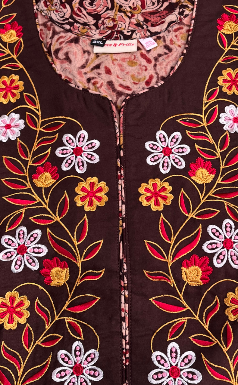 Brown Kalamkari Pure Cotton Nighty. Pure Durable Cotton | Laces and Frills