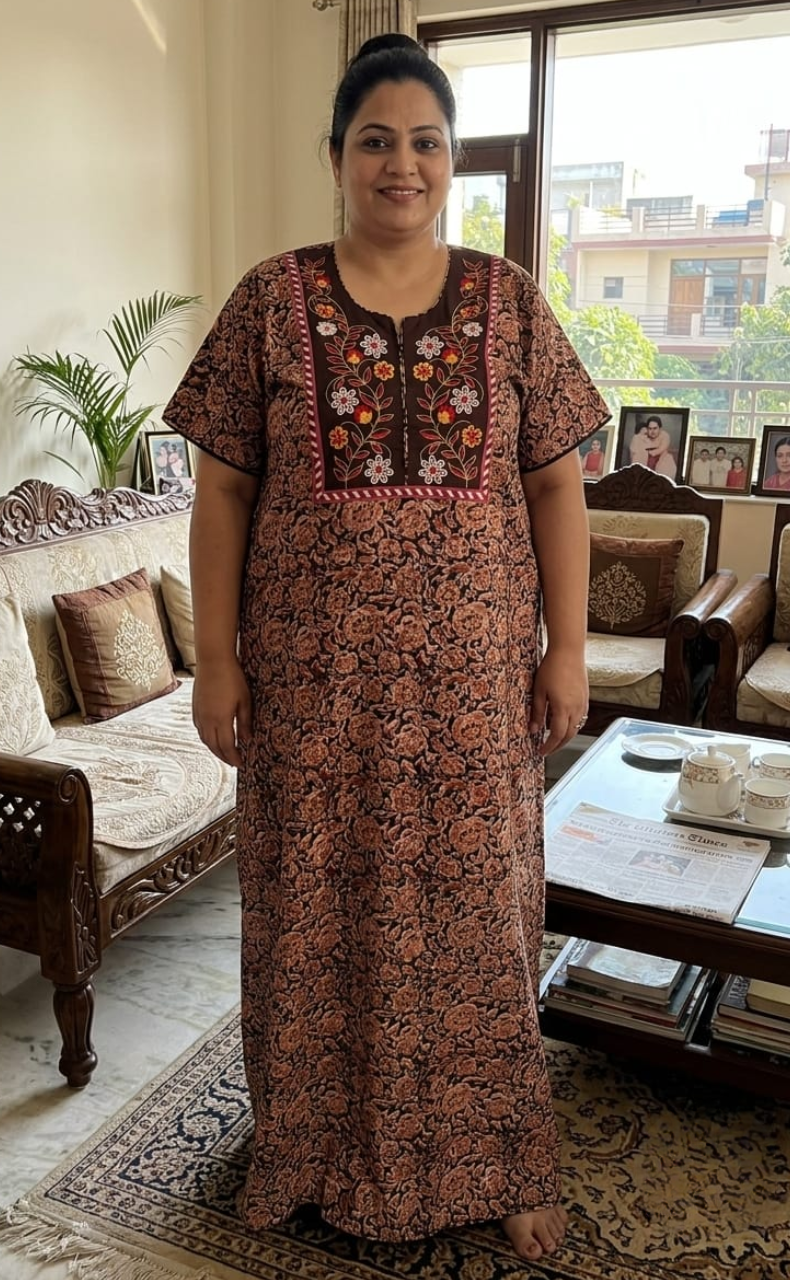Brown Kalamkari Pure Cotton Nighty. Pure Durable Cotton | Laces and Frills