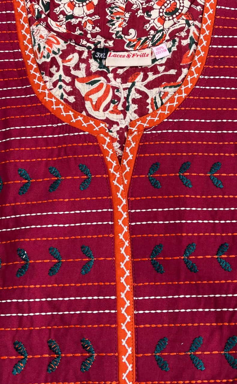 Maroon Kalamkari Pure Cotton Nighty. Pure Durable Cotton | Laces and Frills