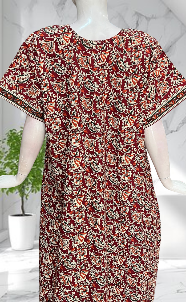 Maroon Kalamkari Pure Cotton Nighty. Pure Durable Cotton | Laces and Frills