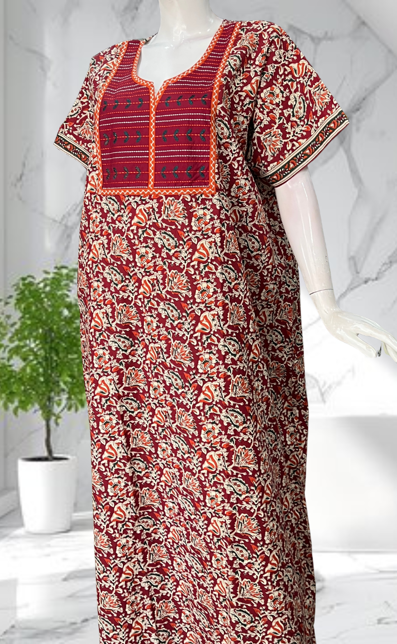 Maroon Kalamkari Pure Cotton Nighty. Pure Durable Cotton | Laces and Frills