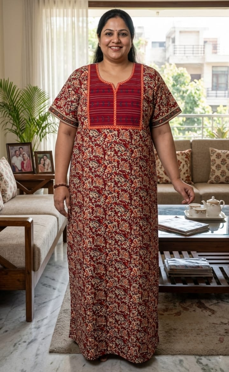 Maroon Kalamkari Pure Cotton Nighty. Pure Durable Cotton | Laces and Frills