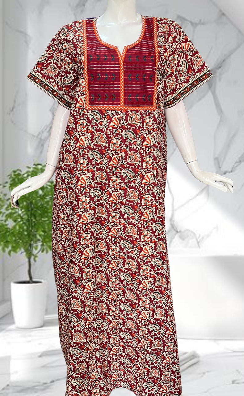 Maroon Kalamkari Pure Cotton Nighty. Pure Durable Cotton | Laces and Frills