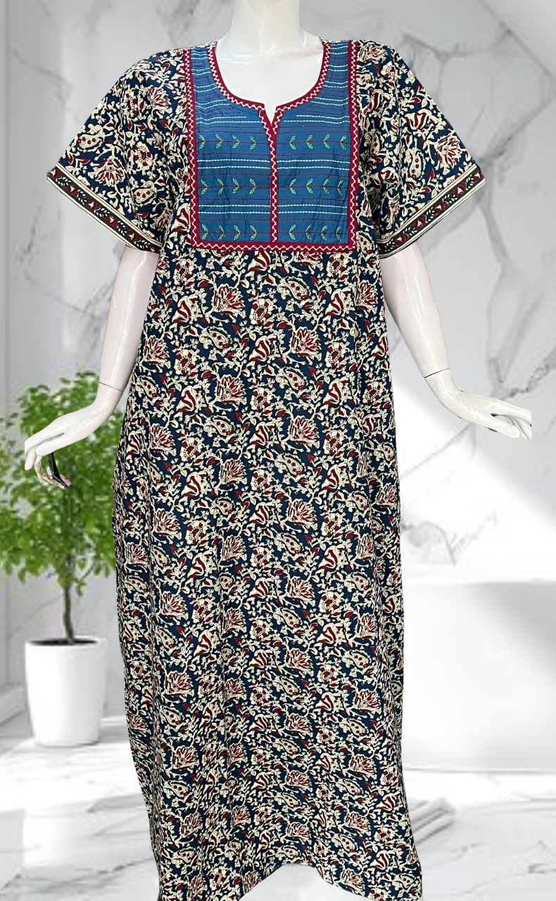 Blue Kalamkari Pure Cotton Nighty. Pure Durable Cotton | Laces and Frills