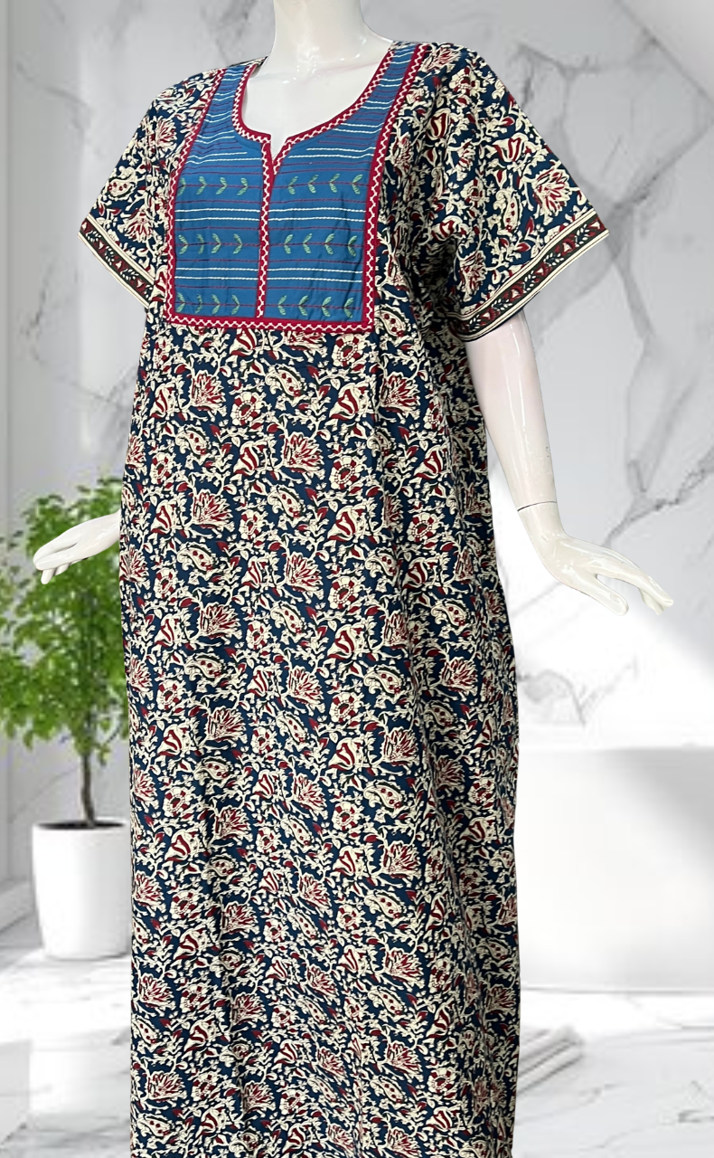 Blue Kalamkari Pure Cotton Nighty. Pure Durable Cotton | Laces and Frills