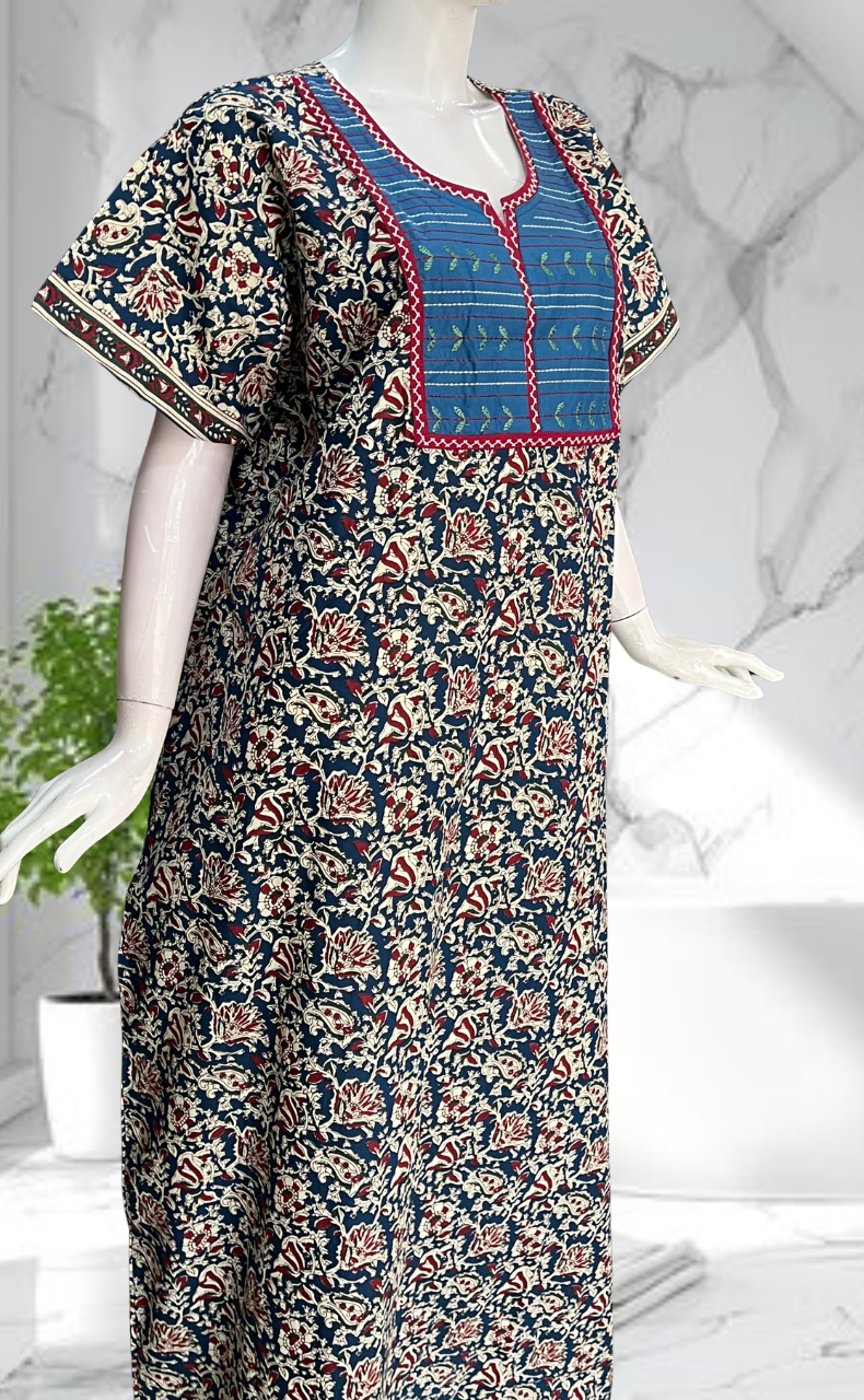 Blue Kalamkari Pure Cotton Nighty. Pure Durable Cotton | Laces and Frills