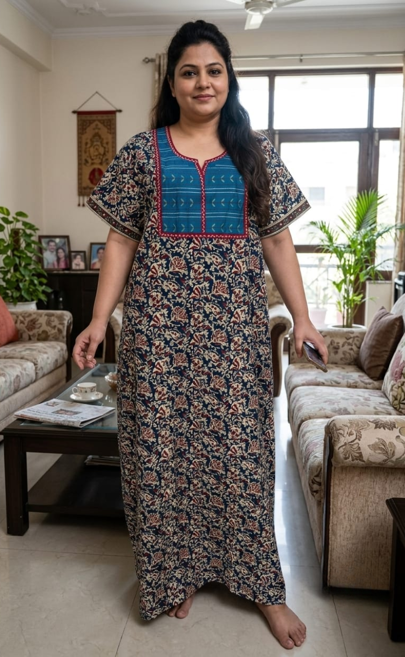 Blue Kalamkari Pure Cotton Nighty. Pure Durable Cotton | Laces and Frills