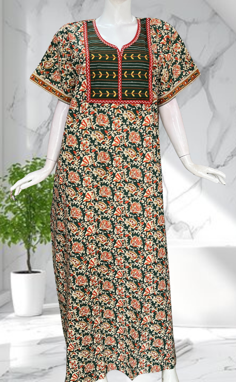 Green Kalamkari Pure Cotton Nighty. Pure Durable Cotton | Laces and Frills