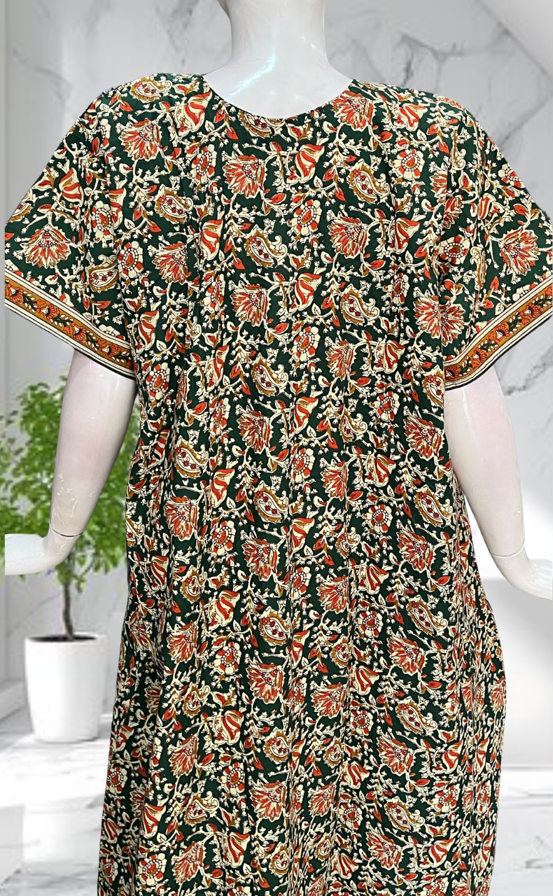 Green Kalamkari Pure Cotton Nighty. Pure Durable Cotton | Laces and Frills