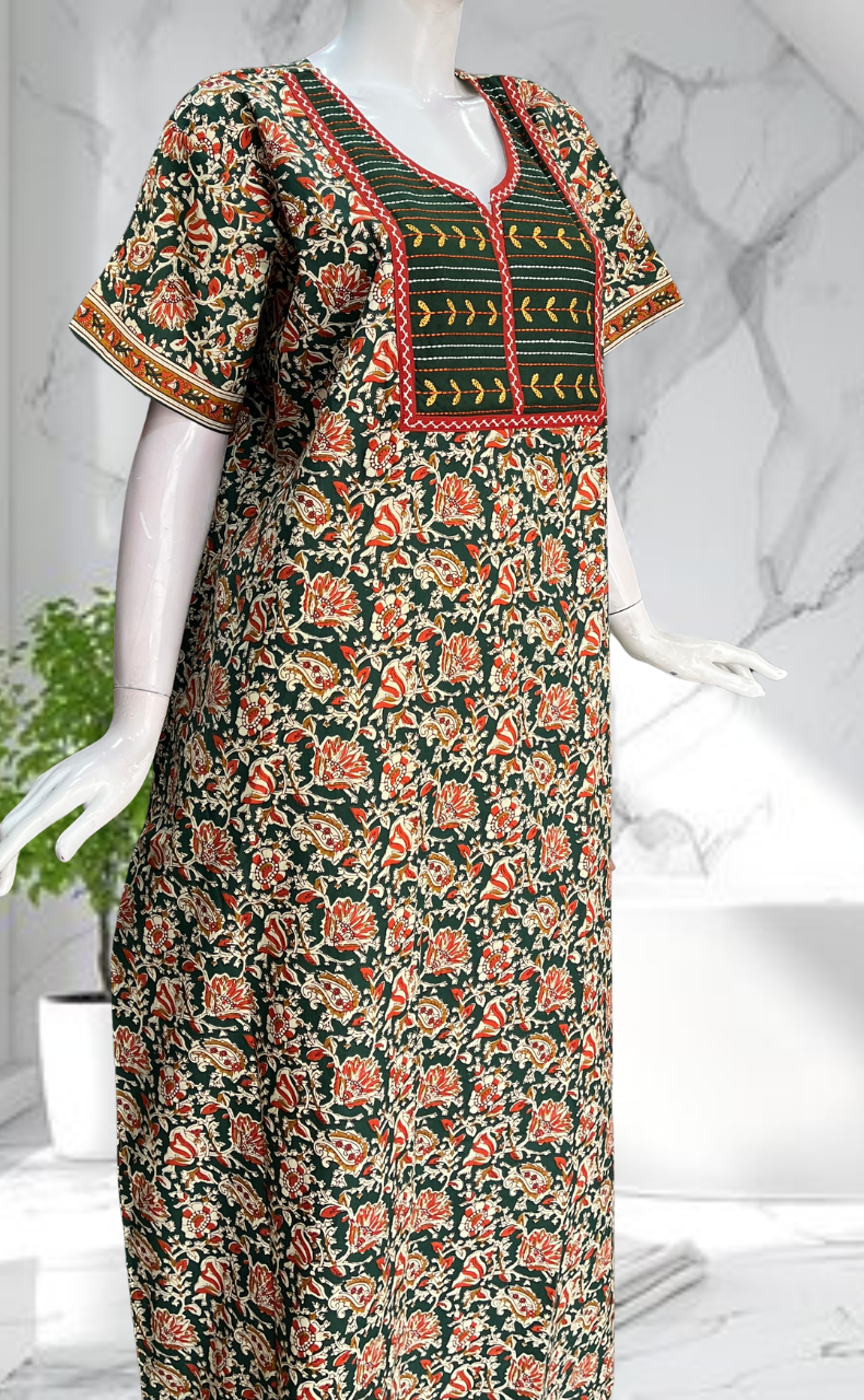 Green Kalamkari Pure Cotton Nighty. Pure Durable Cotton | Laces and Frills