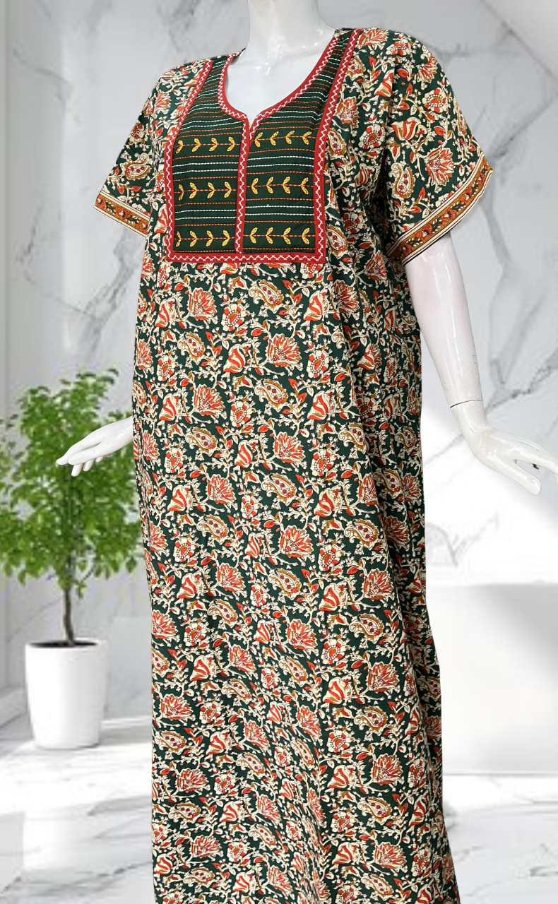 Green Kalamkari Pure Cotton Nighty. Pure Durable Cotton | Laces and Frills