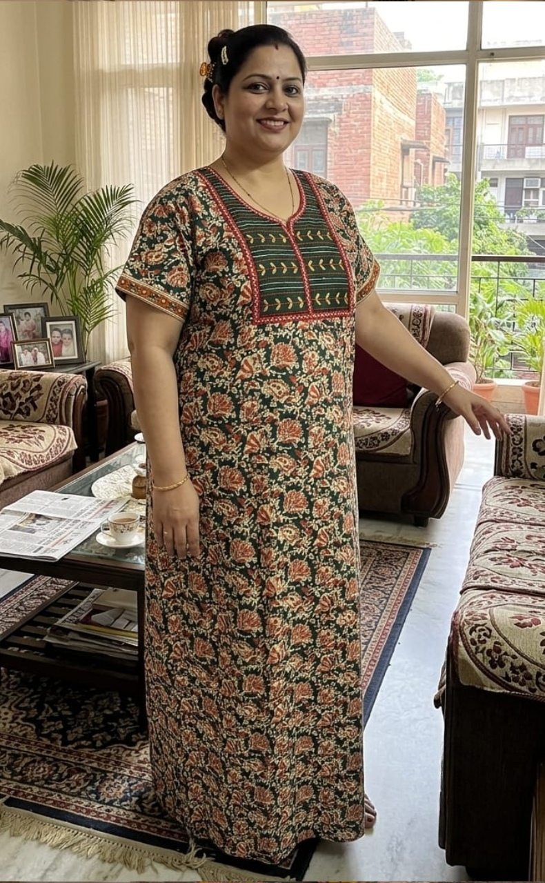 Green Kalamkari Pure Cotton Nighty. Pure Durable Cotton | Laces and Frills