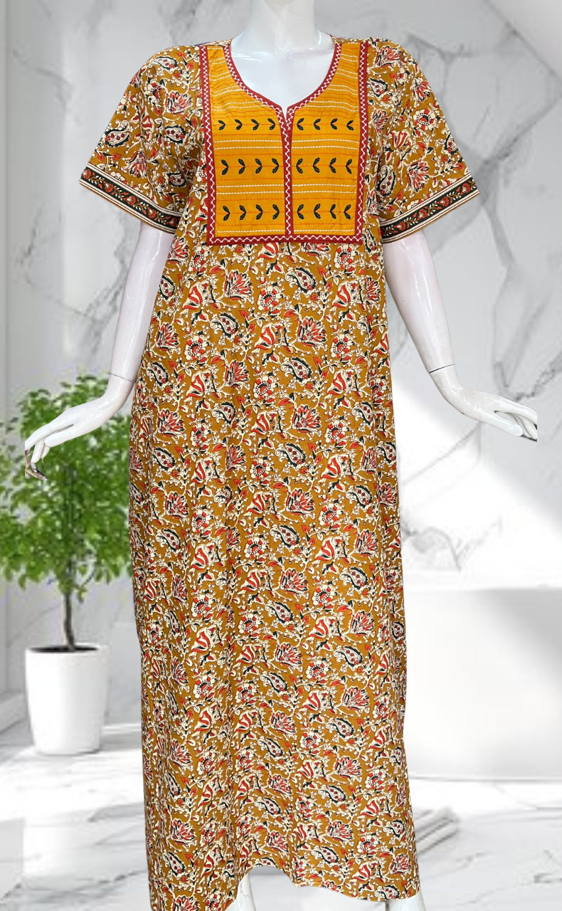 Yellow Kalamkari Pure Cotton Nighty. Pure Durable Cotton | Laces and Frills