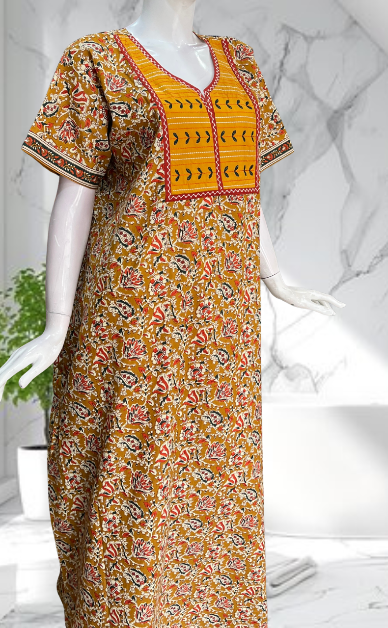 Yellow Kalamkari Pure Cotton Nighty. Pure Durable Cotton | Laces and Frills