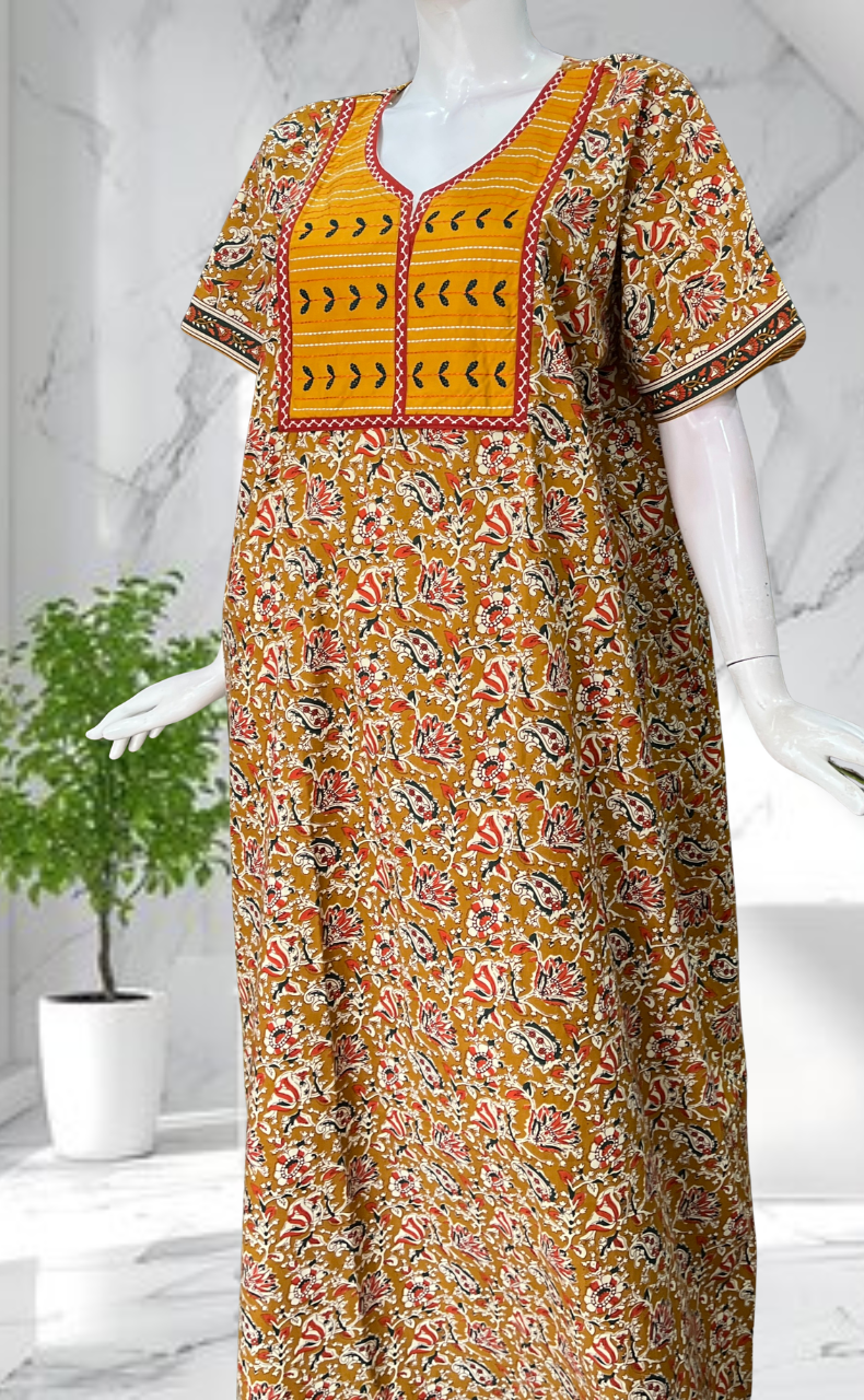 Yellow Kalamkari Pure Cotton Nighty. Pure Durable Cotton | Laces and Frills